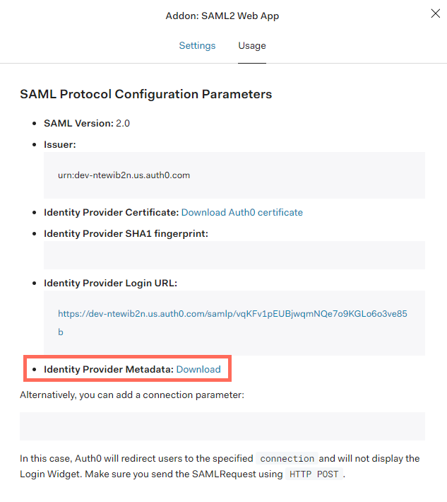 screenshot of SAML Usage tab