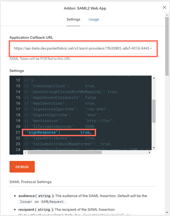 screenshot of SAML settings