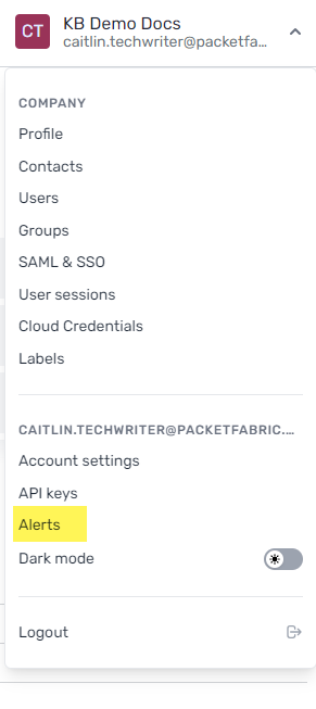 Alerts action in drop-down menu