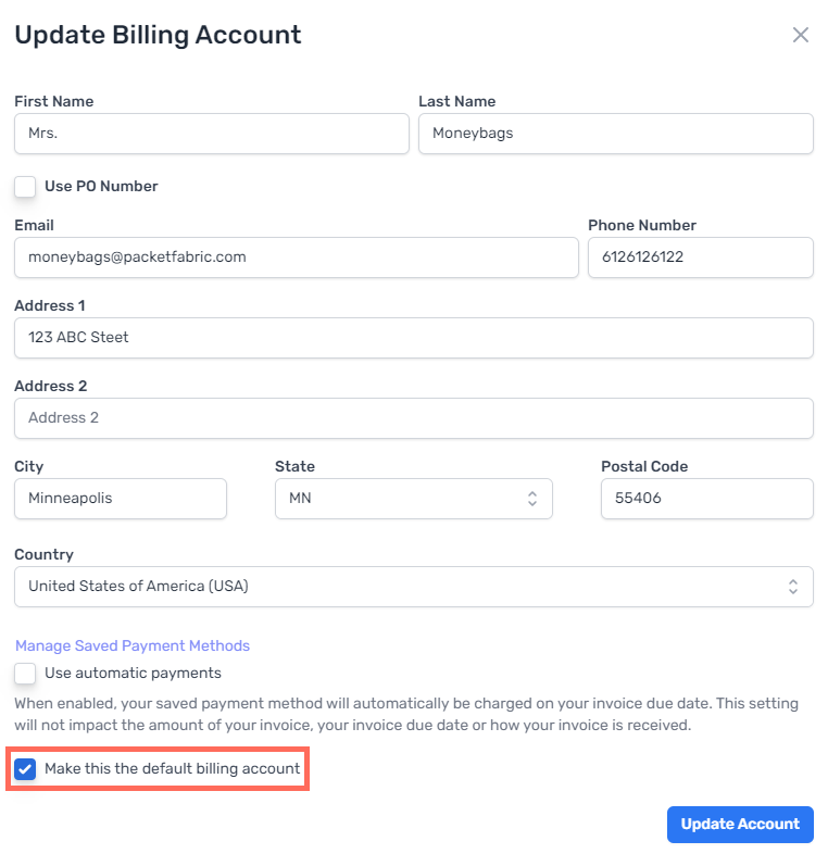 screenshot of default account checkbox