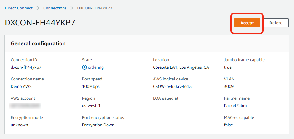 screenshot of the AWS direct connect Accept button