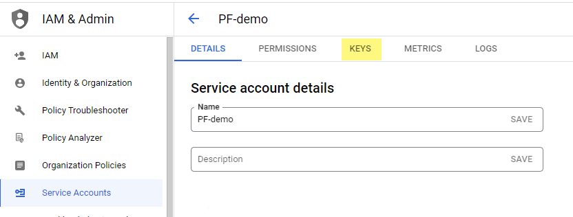 Keys tab