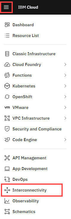 screenshot of the IBM portal nav menu