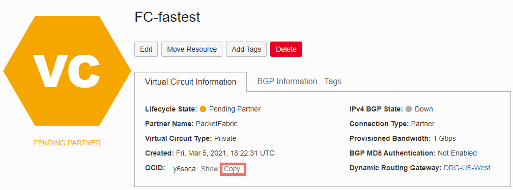 FastConnect OCID copy action