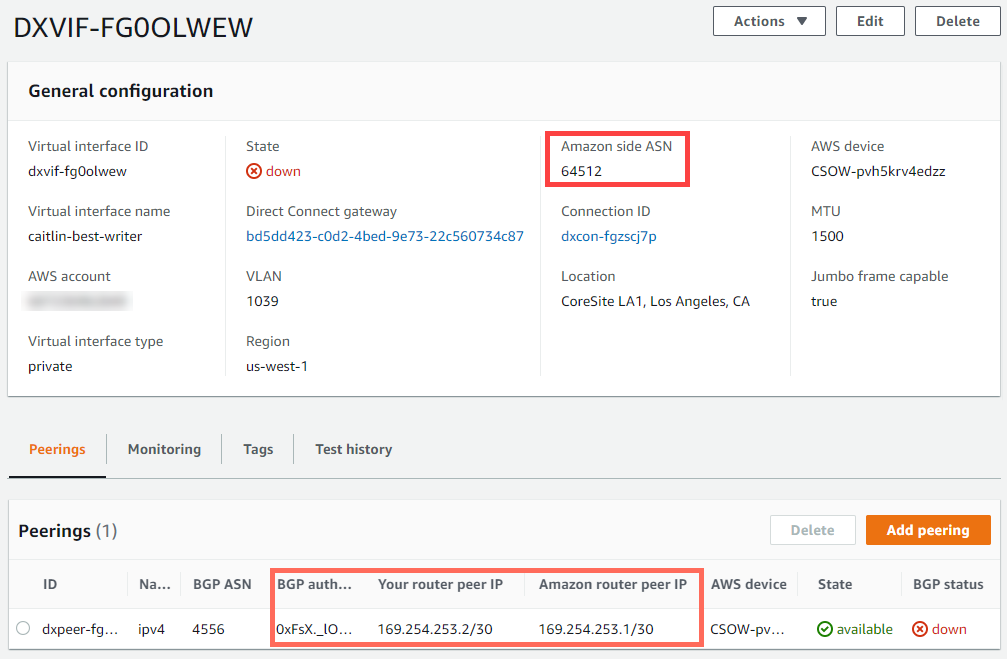 Screenshot of the AWS virtual interface page