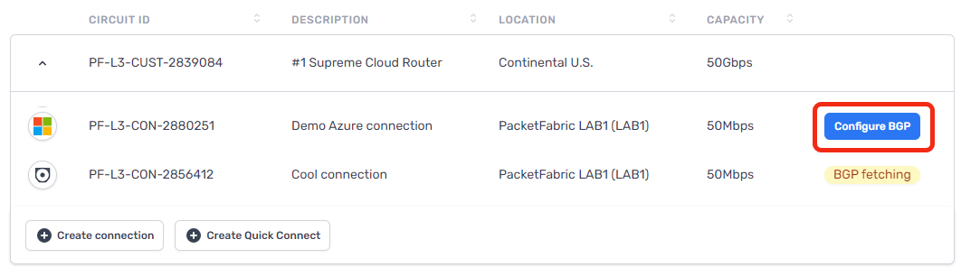 Screenshot of the Configure button in the PacketFabric portal