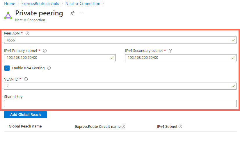 screenshot of azure peering filled out
