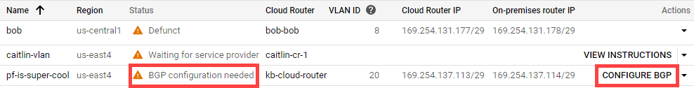 Screenshot of the BGP status and action in Google Cloud Console