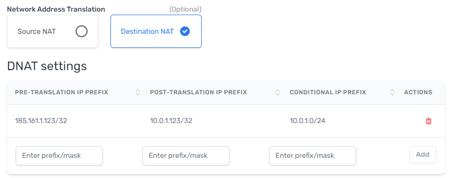 DNAT configuration fields