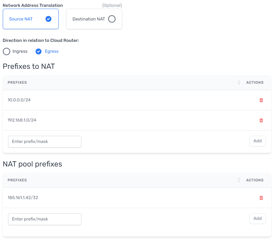 SNAT configuration fields