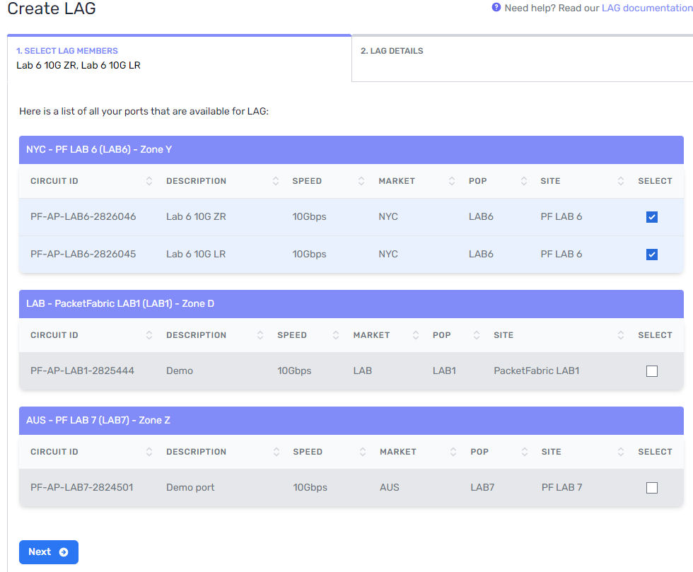screenshot of the LAG selection window