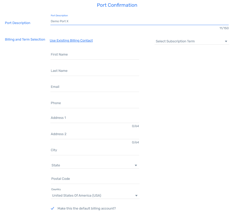 screenshot of the billing contact fields