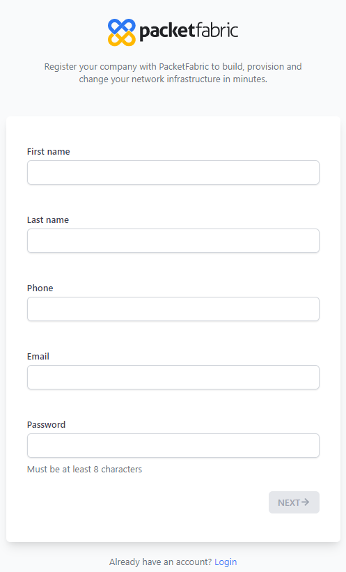 screenshot of the first registration screen