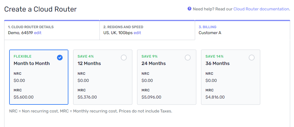 Screenshot of the Cloud Router billing page