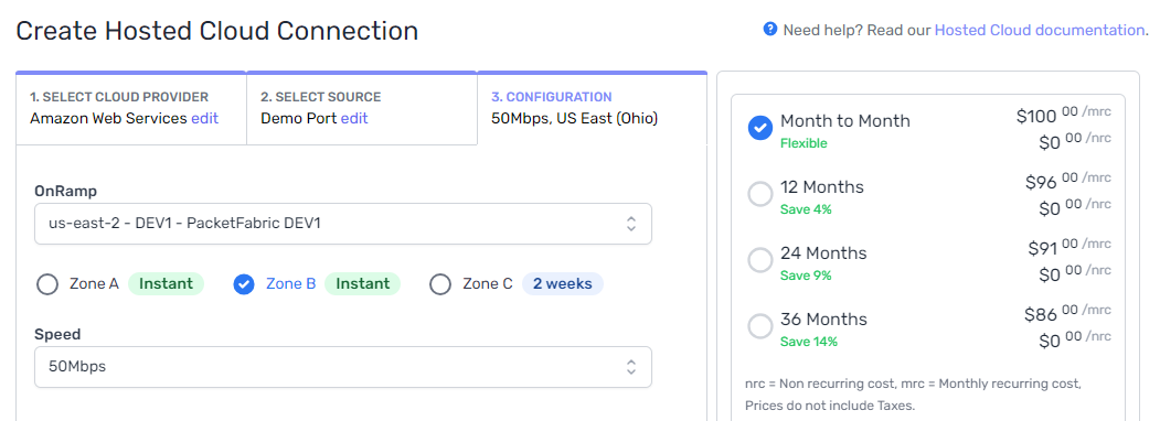 hosted connection billing options
