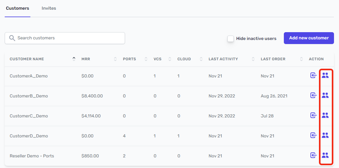 screenshot of the customers page with the view action highlighted