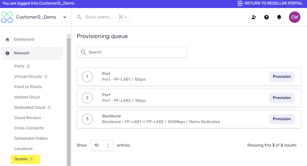 Quotes page for customer with provision actions