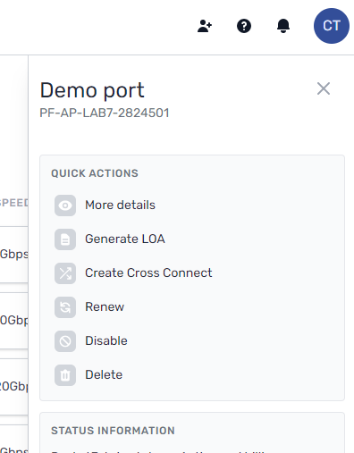 screenshot of the port actions menu